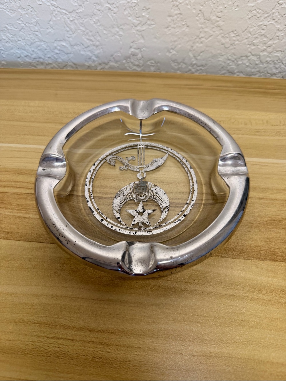 Vintage Sterling Silver Glass Ashtray Crescent & Star Emblem Shiners High Quaily